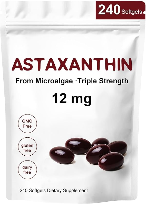 Astaxanthin Supplements 12mg, 240 Capsules (8 Month Supply) - Antioxidant Pills with High Antioxidant Activity for Eye, Immune & Skin Support - Non-GMO, Gluten-Free, Soy-Free