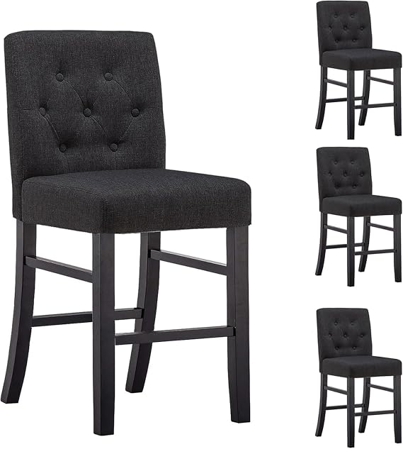 24" Counter Height Bar Stools Set of 4 & 2 for Kitchen Island Fabric Barstools Upholstered Button Tufted Bar Height Bar Stool Chair with Back & Wooden Legs (Set of 4, Charcoal)