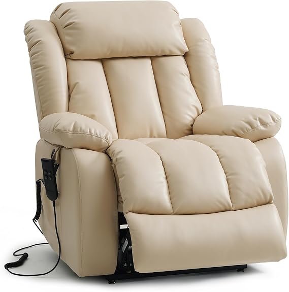 Dual Motor Power Lift Chair for Elderly Infinite Position Recliner | Extended Footrest,Quiet,Lay Flat,USB Ports,Heat & Massage,Soft & Breathable,Smooth,Leather,Lumbar Pillow(Cream)