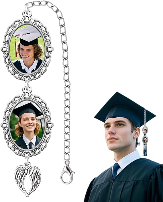 Personalized Graduation Tassel Photo Charm with Angel Wings Personalized Tassel Cap Charm with Memorial Photo for Graduation Caps Decorations for Women Men Memory Picture for Grad Hats