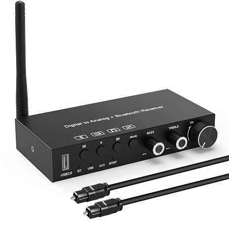 USB 192KHz DAC Digital to Analog Converter with Headphone Amplifier Built-in Bluetooth V5.0 Receiver Music Player Volume Adjustable Digital SPDIF TOSLINK to Stereo L/R & 3.5mm Jack