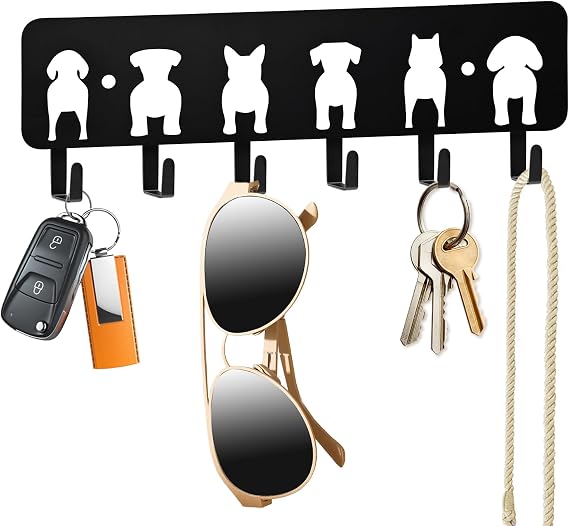Key Hooks Decorative Dog Leash Holder for Wall, 6 Hooks 9.843.14 inch for Wall Decorative Animal Storage Rack Adhesive, Black Key Holder wall Mount for Entrance Living Room Kitchen-Dog Lovers Gifts
