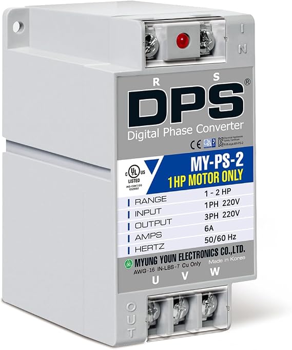 DPS 2HP My-PS-2 Used for 1HP(0.75kW) 3A Motor, Single to 3 Phase Converter, 1 DPS Must Be Used for 1 Motor Only, Input/Output 200-240V, UL Listed | For 1HP(0.75kW) 3A Motor, Input/Output 200-240V, UL-Listed, 1 DPS per 1 Motor Only, Easy Set Up, Digital Phase Shifter