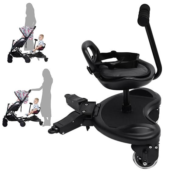 Universal Stroller Board with Safety Belt, 2 in 1 Sit and Stand Stroller Glider Board, Detachable Stroller Attachment Buddy Board for Strollers Holds Children up to 55Lbs, Black