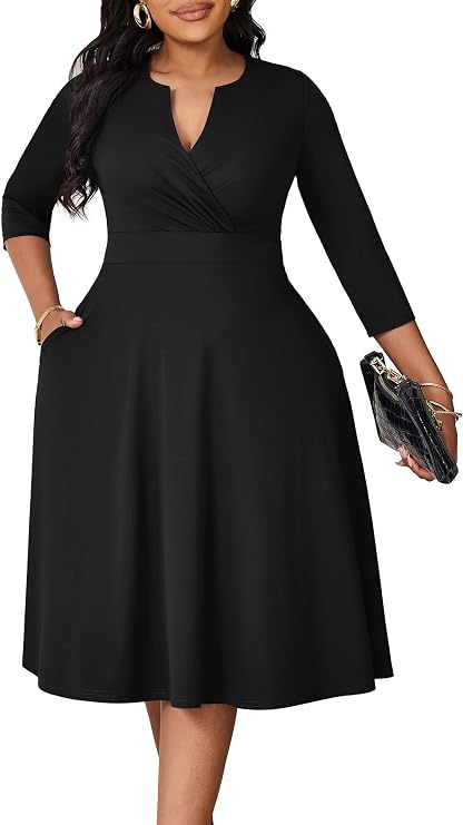 Runwind Plus Size Curvy Dresses for Women A-Line V Neck Casual Midi Dress