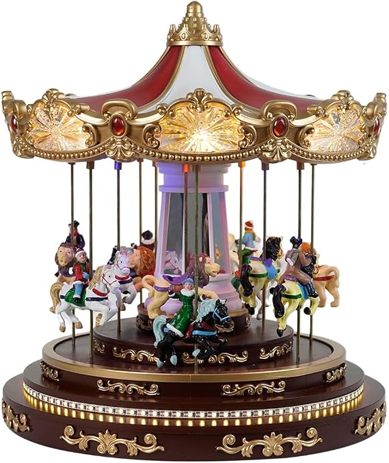 14" Large Red Rotating Christmas Carousel Decoration, Musical LED Light-Up Tabletop Ornament with Realistic Scene, Classic Holiday Home Decor & Xmas Gift