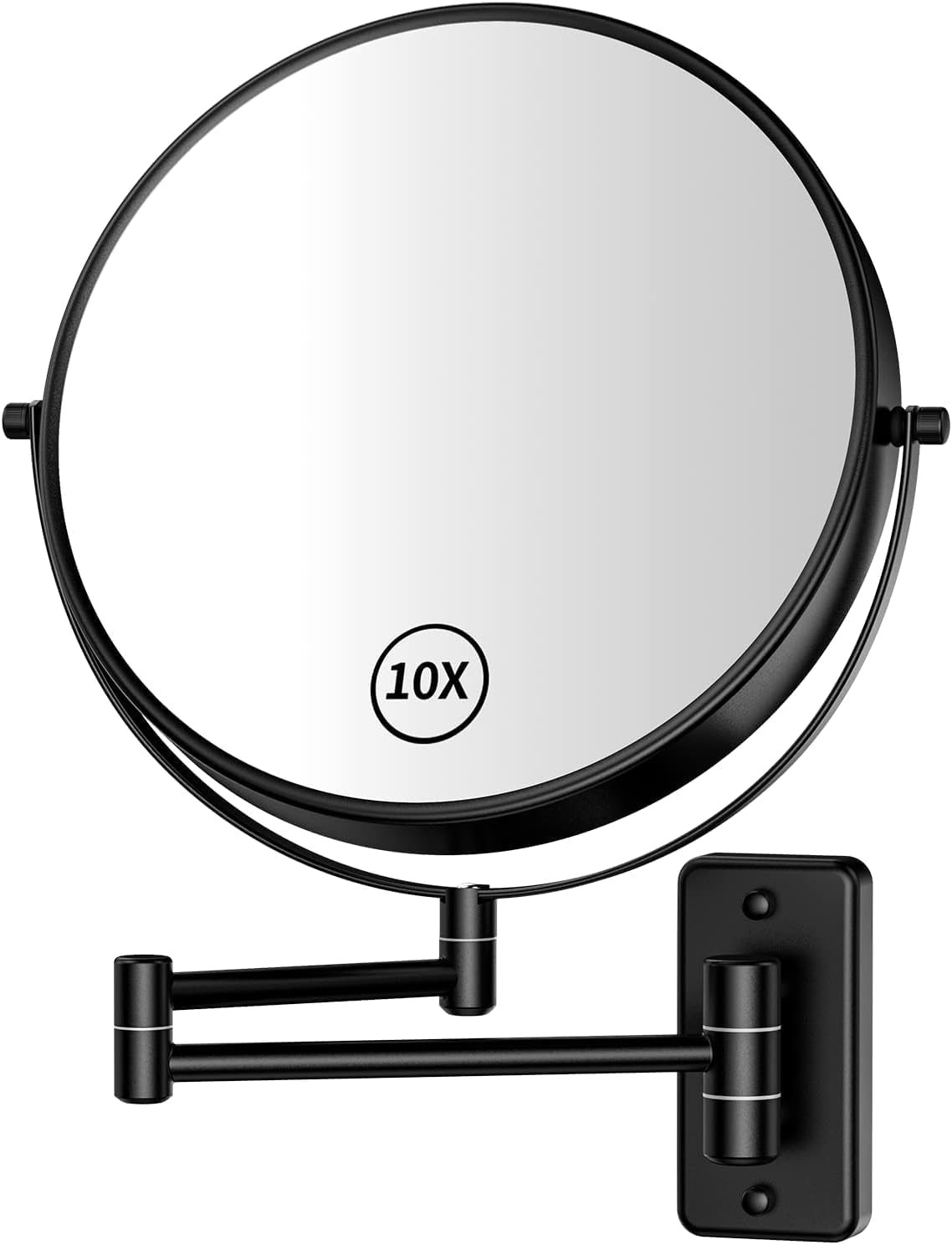 8 inch Makeup Mirror Wall Mounted, 1X/10X Double-Sided Wall Mount Magnifying Bathroom Shaving Mirror with Extendable Arm, 360° Swivel for Bathroom Vanity and Makeup, Matte Black（No Light）