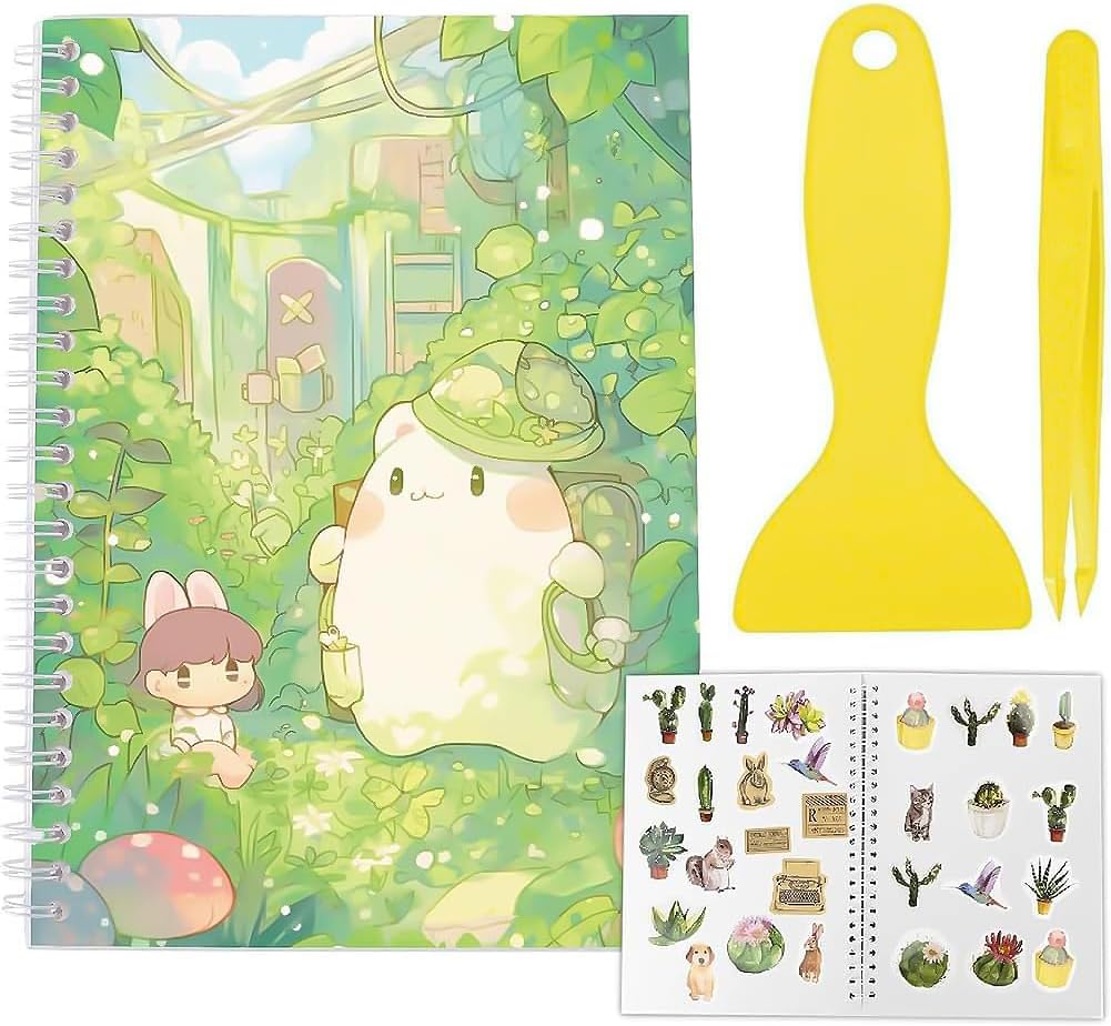 CRASPIRE Reusable Sticker Storage Book Collecting with Tweezer and Scraper A5 40 Sheets Stickers Collection Books Album Holder Keeper Green Clear Cover Sticker Saver Organizer for Storage Labels