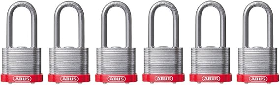 ABUS 19343 41/40 Laminated Steel Safety Padlock Red Bumper Keyed Alike, Long 2" Shackle, Pack of 6