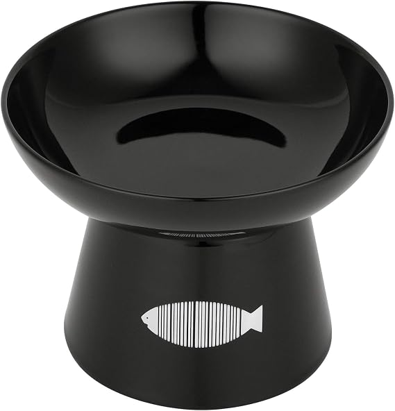 Yangbaga Cat Raised Food/Water Bowl for Elder Big Cats, Non-Skid 4.8x6.4in Premium Ceramic Cat Bowls with Stand, Sturdy and Anti-Fall... (Black)