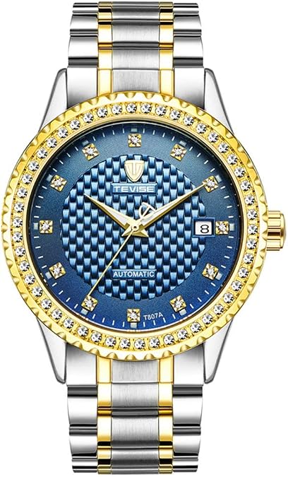 Men's Watch Diamond Inlay Automatic Mechanical Business Casual Bracelet Steel Waterproof Watch (Gold Blue)