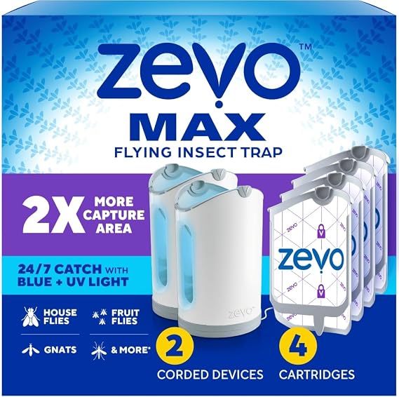 Zevo MAX Bug Catcher & Fruit Fly Trap, 2 Bases & 4 Refill Cartridges | Fits 2x More Bugs Than Original Zevo Trap, Catches House Flies, Gnats & Fruit Flies 24/7, Blue & UV Light, No Insecticides