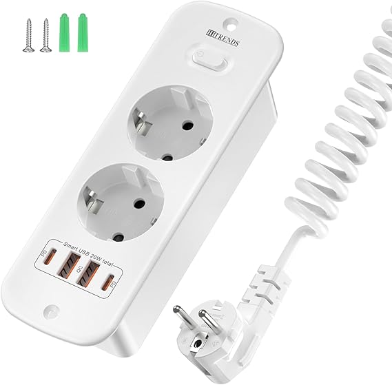 Table Top Retractable Socket with USB C PD20W 2-Way Built-in Socket 2 m Spiral Cable Spring Cable 230 V/16 A Built-in Power Strip for Office Home Office Kitchen White
