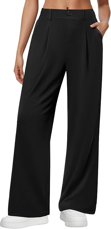 DLOODA Wide Leg Dress Pants for Women Pull on High Waisted Work Pants | Stretchy Soft Fabric, Front Pleats, Belt Loops, 2 Deep Pockets, Faux Back Pockets, Business Casual Slacks, Office, Travel