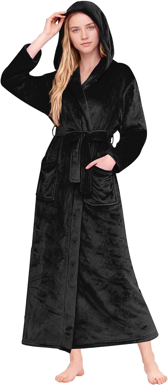 Womens Long Hooded Robe, Soft Warm Fleece Bathrobes Full Length Plush House Coat
