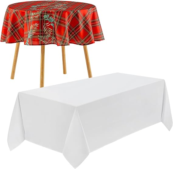 VidaFete White Rectangle Tablecloth 90 * 132inch and Christmas Checkered Rectangle Tablecloth 60inch Round