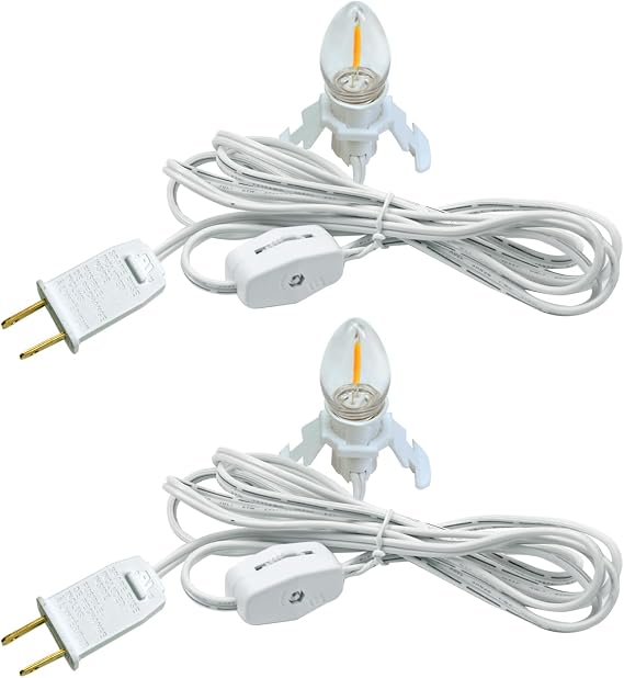 2 Pack Accessory Cord with LED Night Light Bulbs - White Cord with On/Off Switch Plugs - C7 led Bulb Warm White with Spare Fuse for Holiday Decoration and Craft Village House Decoration