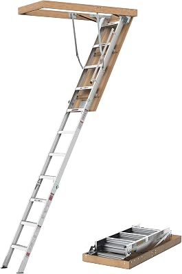 Aluminum Attic Ladder 22.5x54 Inch, Folding Pull Down Loft Ladder with Handrail and Non-Slip Feet, 350 lbs Capacity, Fits 7.8–10.3 Ceilings, Easy Ceiling Access for Residential Use