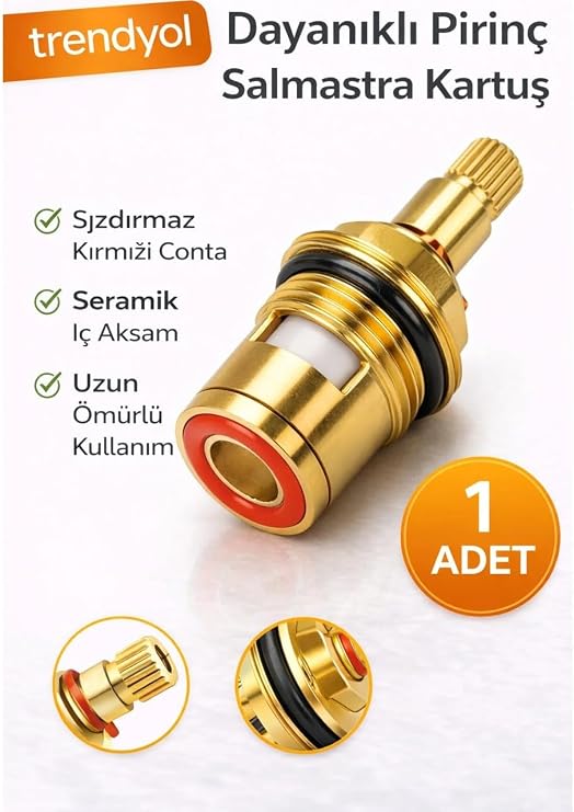 Pirinç Gövdeli Seramik Milli Musluk Kartuşu, Aç Kapa Salmastra Seti, Yedek Parça, 1 Adet