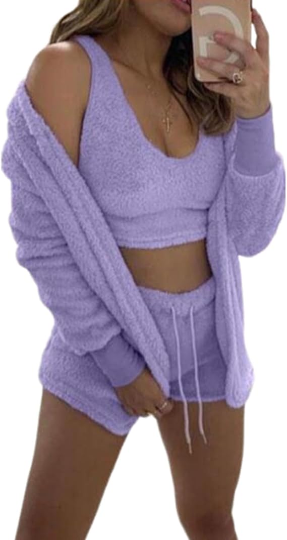 LELEBEAR Cosy Knit Set 3-Piece, Cozy Knit Set 3 Pieces, Women's Sexy Warm Fuzzy Fleece 3 Piece Outfits Pajamas