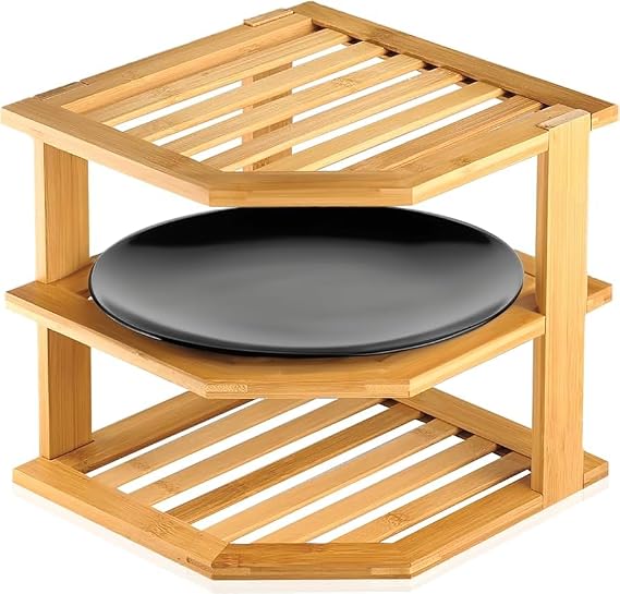 3 Tier Bamboo Corner Dish Rack Shelf - Cabinet & Pantry Kitchen Organization Space Saving Unit - Stacking Worktop Tidy Plate Holder Stand - Storage Organizer & Space Saver - Free Standing Cupboard
