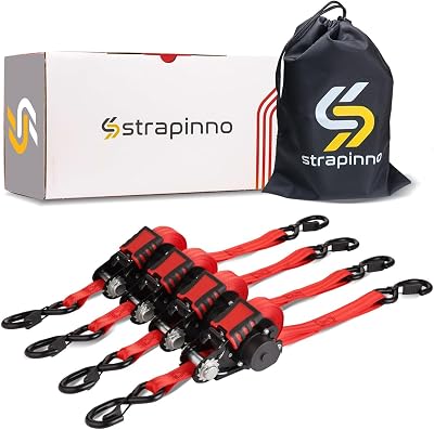Strapinno Retractable Ratchet Straps - 1 in x 12 ft Heavy Duty Tie Downs, 1800lbs Breaking Strength Each, S Hooks with Safety Clip, AutoRetract, for Moving, Motorcycle, Boat, Kayak, and Cargo 4 PCS