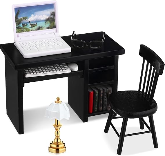 10 Pcs Miniature Dollhouse Office Furniture Set, Black