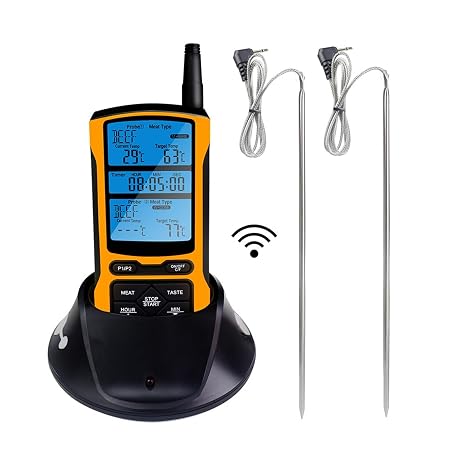 Pizza Oven Thermometer Timer Meat Food Cooking Temperature Monitor Meter Kitchen Thermometer 24hr Counting Down with two Probes (Color : B)
