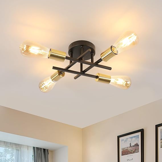 Dorlink Chandelier Light, 4 Lights Industrial Ceiling Light Black Gold, E27 Chandelier Lighting Vintage Semi Flush Mount for Living Room Bedroom