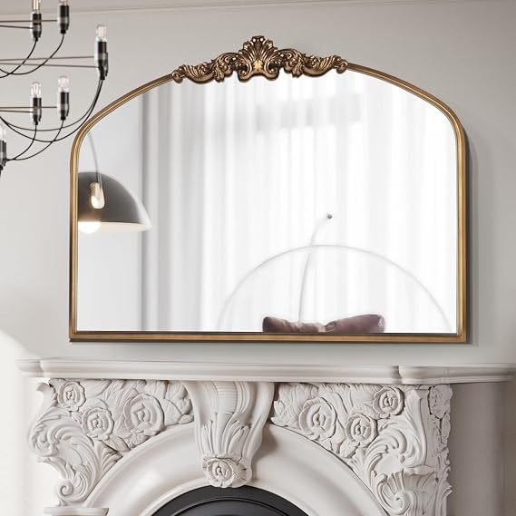 OUSHUAI Gold Antique Arched Mirror, Victorian Bronze with Full Matel Frame, Wall Arch Mirror for Entryway/Bathroom/Fireplace 36"X30"