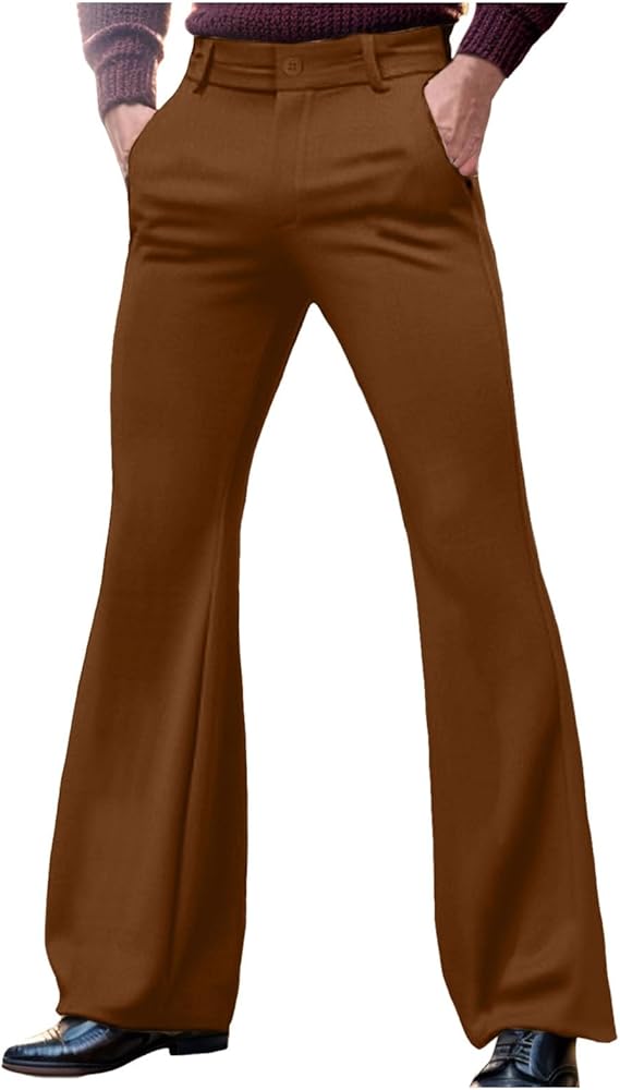 Men Bell Bottom Pants 70s Disco Flared Pants Vintage Wide Leg Pant Baggy Causal Pant with Pocket