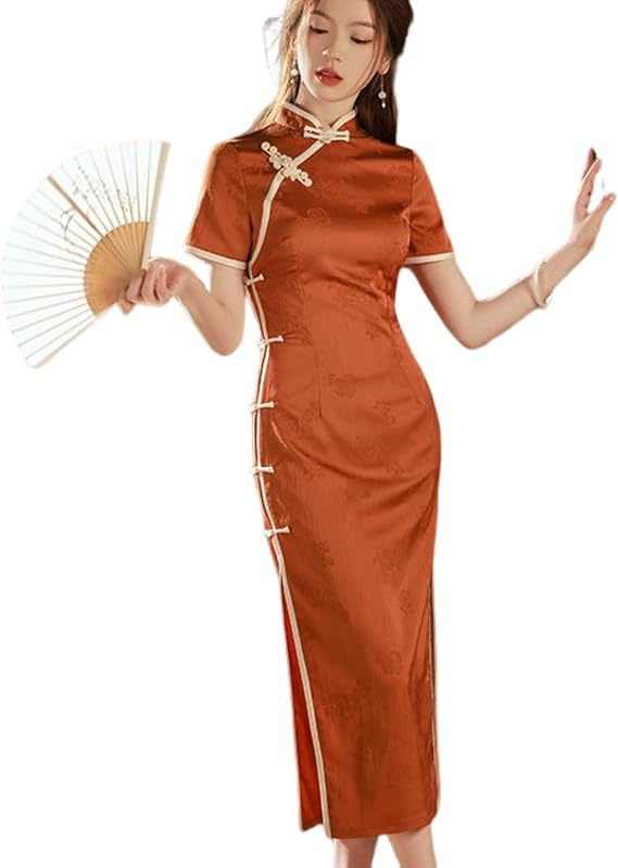YAROVA Womens Chinese Dress -Short Sleeve Cheongsam Summer Chinese Style Young Simple Elegant Slim Qipao Daily Hanfu