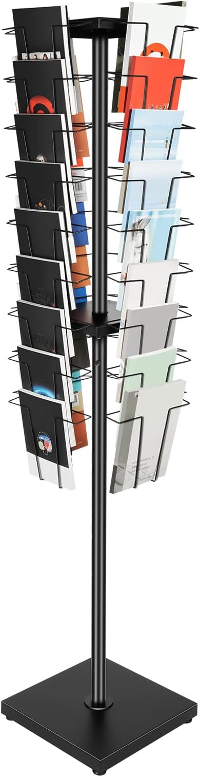 63 Inch Comic Book Display Rack, 360 Rotating Magazine Holder | Floor Standing, 36 Detachable Magazine Pockets, For Thick Brochures, Retail Stores, Offices