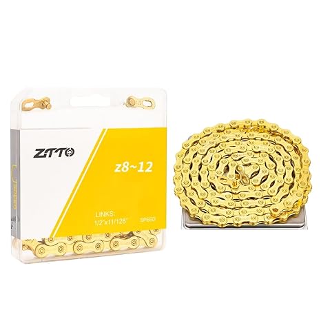 ZTTO 8/9/10/11/12 Speed Golden/Silver Bike Chain - 116/126 Solid Links Durable Steel Bicycle Chain with Connecting Link for Mountain Bike and Road Bike (Gold-12s)