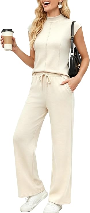 Casly Lamiit Two Piece Sets for Women Summer Mock Neck Cap Sleeve Top Wide Leg Pants Lounge Sets Vacation Travel Outfits
