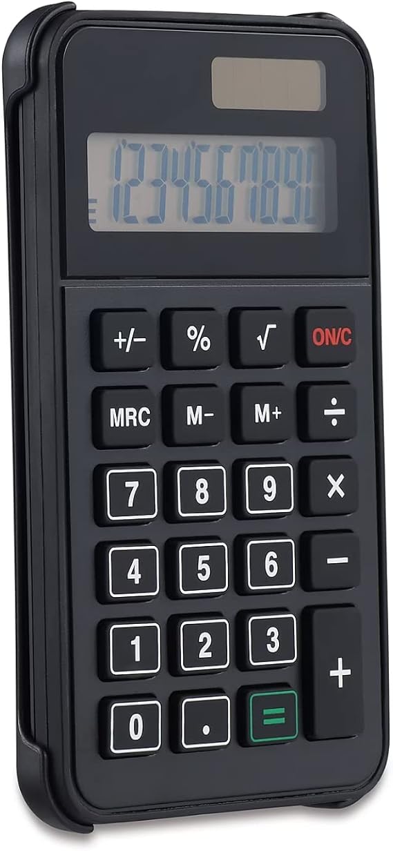 1InTheOffice 10 Digit Pocket Calculator, Dual Powered Handheld (Solar and Battery), Black, 1 Pack