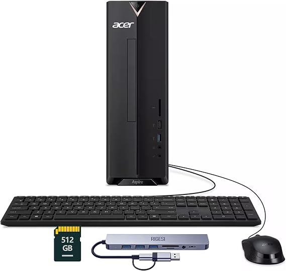 acer Aspire Desktop Computer Intel Celeron N4505, Office 365 for The Web,8GB 768GB Storage (256GB SSD+512GB SD),Fast & Reliable Home Office PC Bundle with Docking Station, Wi-Fi, Windows 11, Black