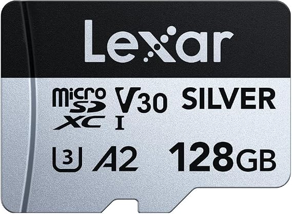 Lexar Silver 128GB Micro SD Card,up to 205MB/s Reading, 100MB/s Write | MicroSDXC TF Card , Micro SD+ Memory Card Adapter, A2, U3, Class 10, V30, Full HD and 4K UHD Video