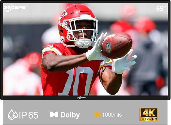 65Inch Outdoor TV, 4K Waterproof TV, 1000nits Ultra-High Outdoor TVs, IP65 Weatherproof TVs, Outdise TV with Voice Assistant Remote, Compatible with Dolby, Outdoor Tvs for Patios, Sports
