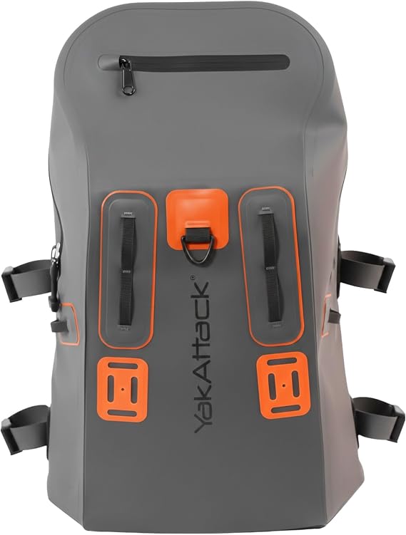 YakAttack 28L DryPak Waterproof Backpack - Grey/Orange | Floating Marine Dry Bag Pack with Padded Straps for Kayaking, Fishing & Hiking | 10" x 22" x 12" | Lightweight Outdoor Gear & Storage Drybag