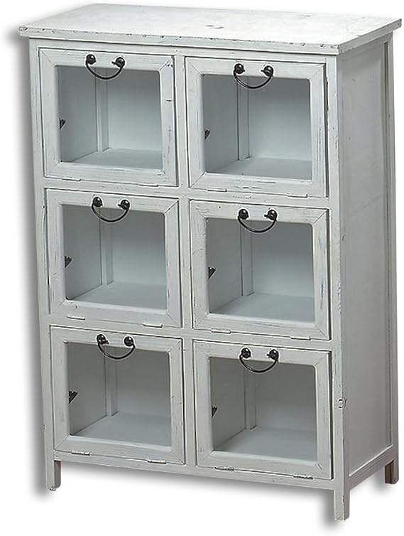 WHW Whole House Worlds Farmers Market Vintage Style Glass Front Apothecary Cabinet, 6 Drop Doors Drawers, Rustic White, Distressed and Weathered Finish, Sustainable Wood, 35 3/8 Inches High