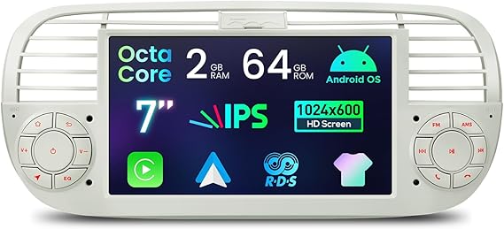 XTRONS 7" Android Car Stereo for Fiat 500 2007-2015, 2+64GB(Cream) | Octa Core, G+G Touchscreen, Wireless CarPlay, 4G LTE, Dual WiFi, DSP 4x45W, GPS, AHD Camera, Blue&Me, CANbus