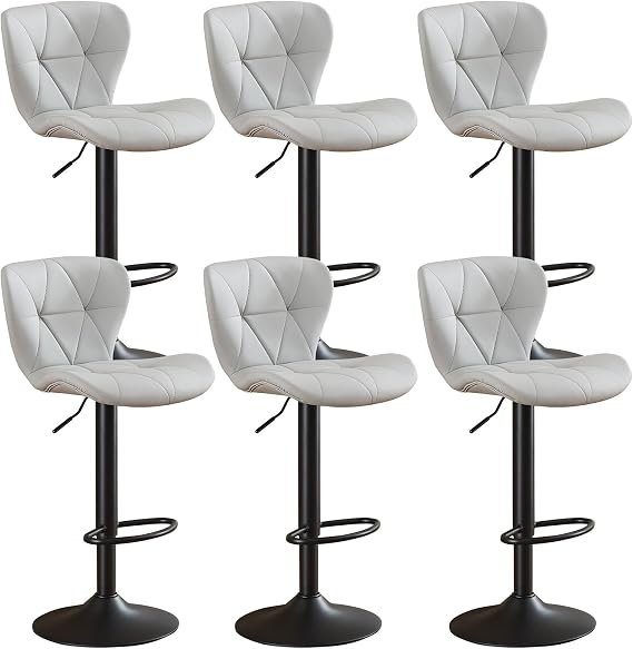 Modern Bar Stools Set of 6,Adjustable Faux Leather Upholstered Swivel Bar Stool,Counter Height Bar Stools with Back for Kitchen Island Barstools,Grey