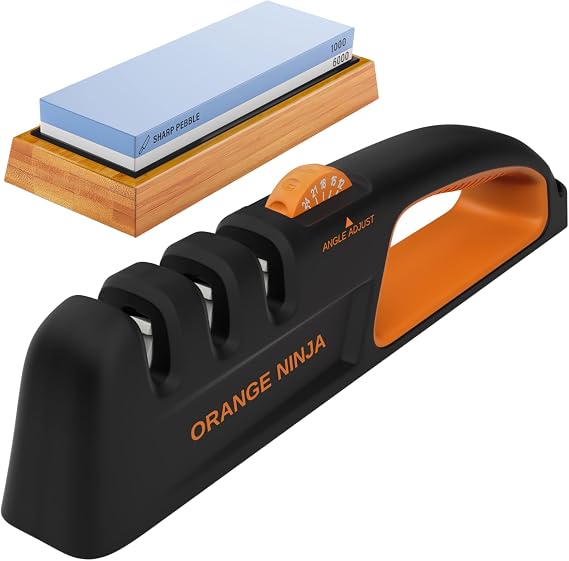 Orange Ninja Knife Sharpening Bundle 5-Angle Adjustable Handheld Sharpener & Premium 2-Sided Whetstone (1000/6000 Grit) with Non-Slip Bamboo Base & Angle Guide