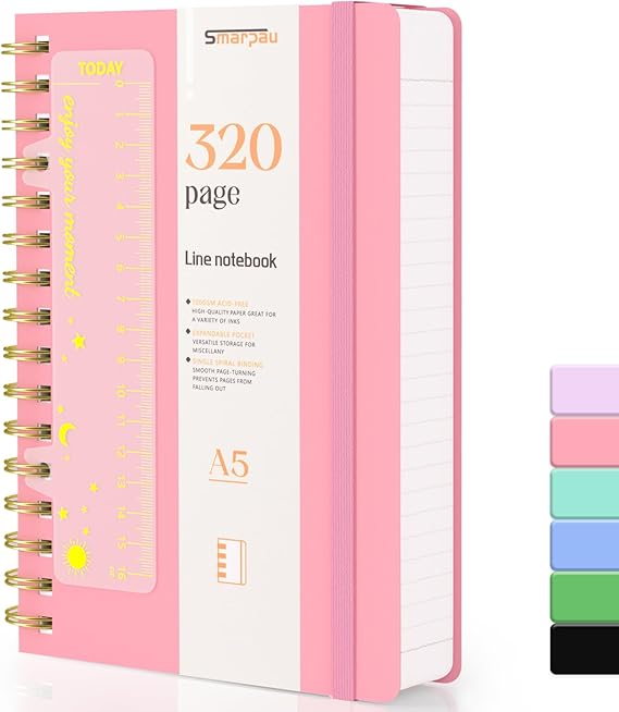 Smarpau Lined Notebook A5, 320 Pages Wirebound Spiral Notebook for Writing