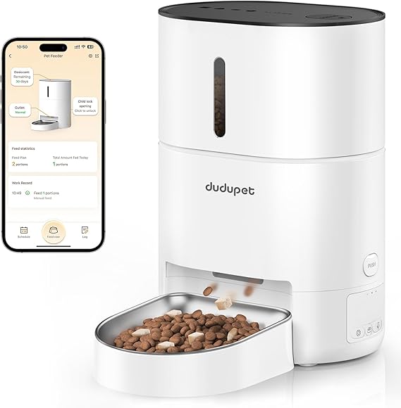Automatic Cat Feeder, 4L Cat Food Dispenser Dog Feeder Automatic, 2.4G WIFI Remote Control Dual Power Supply, 10-Second Voice Recording, Stainless Steel Bowl, Suitable for Small Dogs and Cats