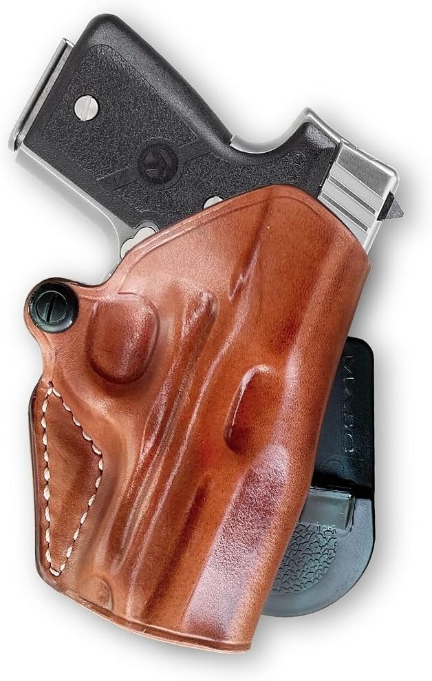 Premium Leather OWB Paddle Holster with Open Top Fits, Kahr MK9  PM9 9mm 3.1 Barrel, Right Hand Draw, Brown Color #1030