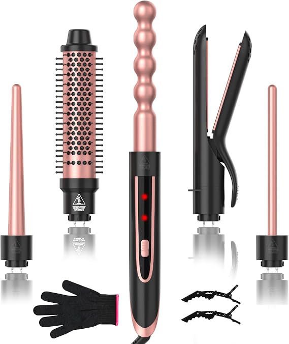 5 in 1 Curling Wand Set, Curling Iron with Curling Brush,Hair Straightener & 3 Interchangeable Ceramic Curling Wand(0.35"-1"), Fast Heat Hair Wand Curler, Include Glove & 2 Clips for Women Girls Gift