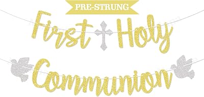 First Holy Communion Banner - Baptism Decorations for Baby, First Communion Bunting Banner, Religious Christening Party Decorations Gold Glitter