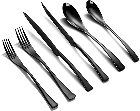 Lemeya 24-Pieces Black Silverware Set with Steak Knives,Heavy Duty 18/10 Stainless Steel Flatware Set for 4,Modern Cutlery with Forged Stand Knives,Mirror Polished,Dishwasher Safe
